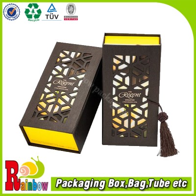 customized laser cut window saffron tea black packaging boxes